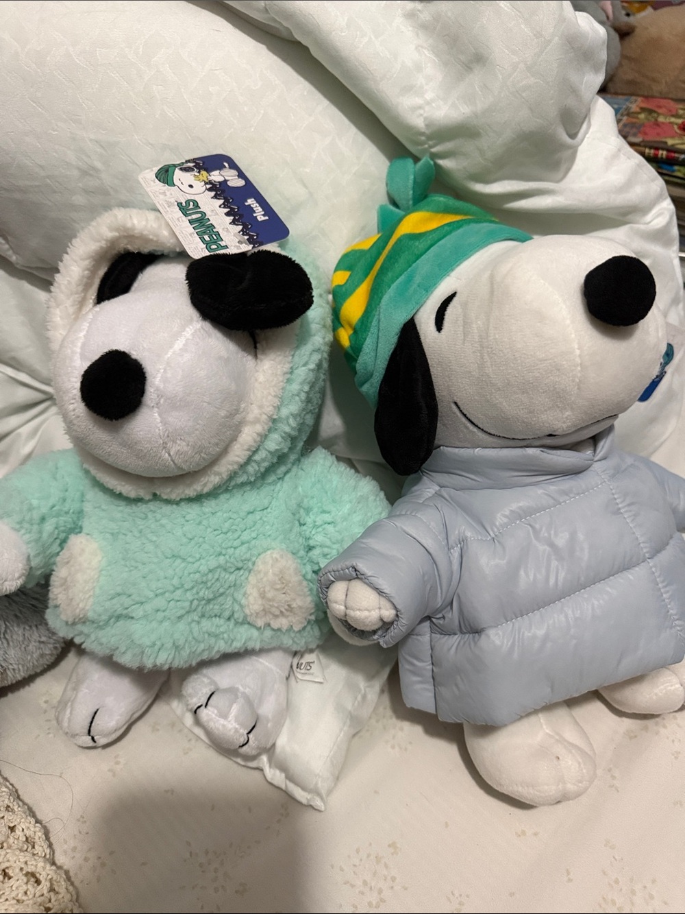 Peanuts Snoopy Duo Plush in Mint Sherpa & Light Blue Puffer